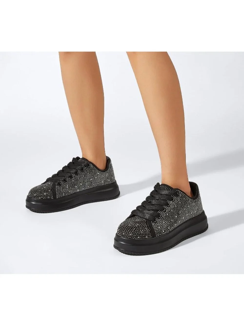 🆕Women's Black Sparkly Glitter Bling Tennis Rhinestone Platform Sneakers